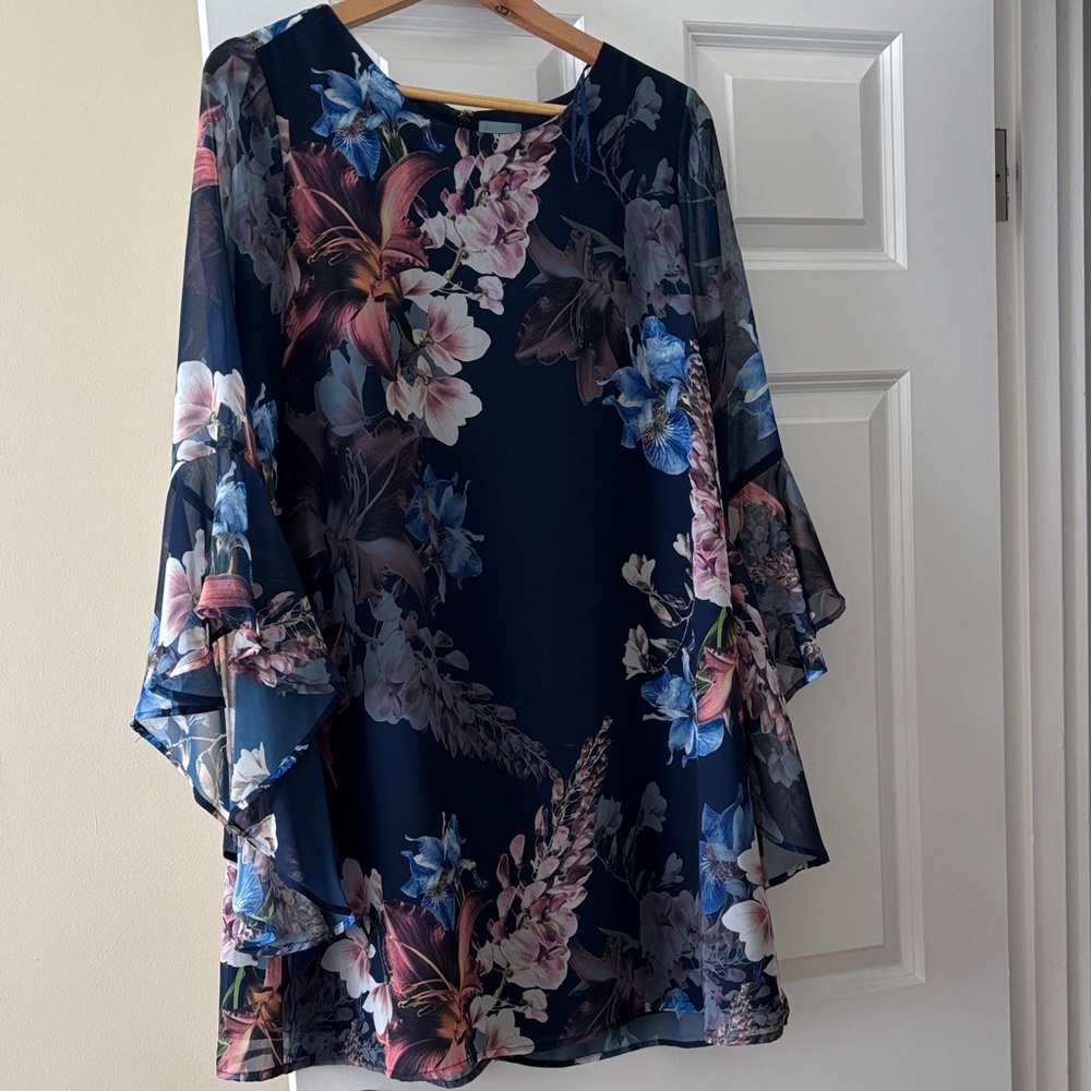 CeCe Floral Long Sleeve Dress - Navy and Pink